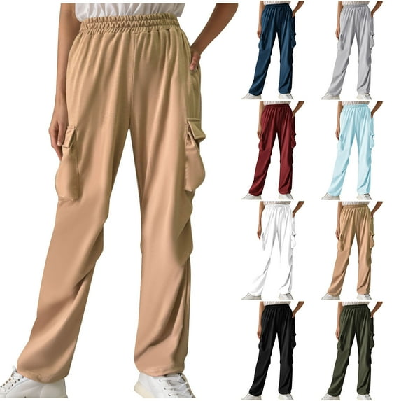 ZyeKqe Womens Cargo Pants Wide Leg Sweatpants Elastic Waisted Loose Fitted Trousers with Pockets