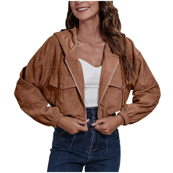 ZyeKqe Womens Corduroy Jackets Full Zip up Hooded Cropped Jacket Drop Shoulder Long Sleeve Short Outwear Coat Size S-XL
