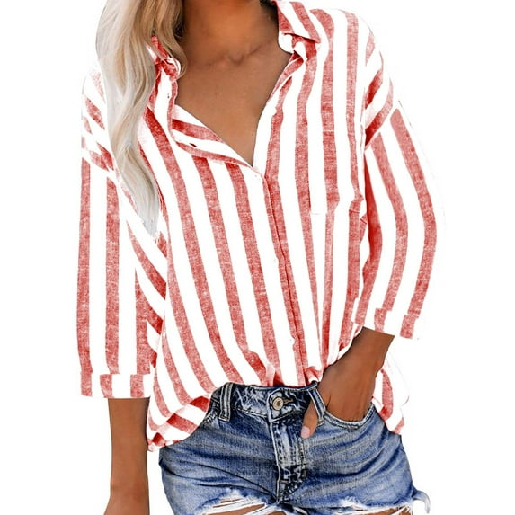ZyeKqe Womens Cotton Linen Button down Shirts Long Sleeve Striped Shirts Causal V Neck Office Work Blouses Top