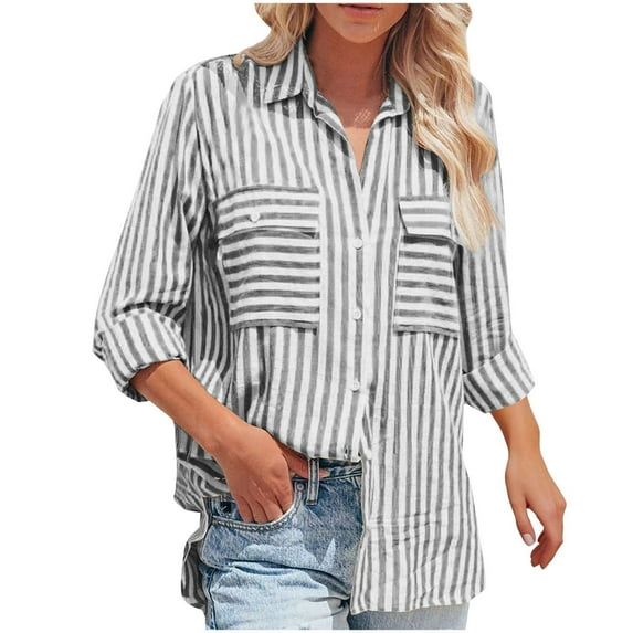 ZyeKqe Womens Cotton Linen Button down Shirts Long Sleeve Striped Shirts Causal V Neck Office Work Blouses Top
