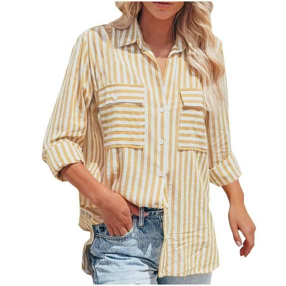 ZyeKqe Womens Cotton Linen Button down Shirts Long Sleeve Striped Shirts Causal V Neck Office Work Blouses Top