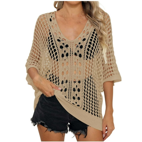 ZyeKqe Womens Crochet Tops Half Sleeve Sweaters Hollow out V Neck Knit Tops Summer Beach Cover Ups Swimming Suits