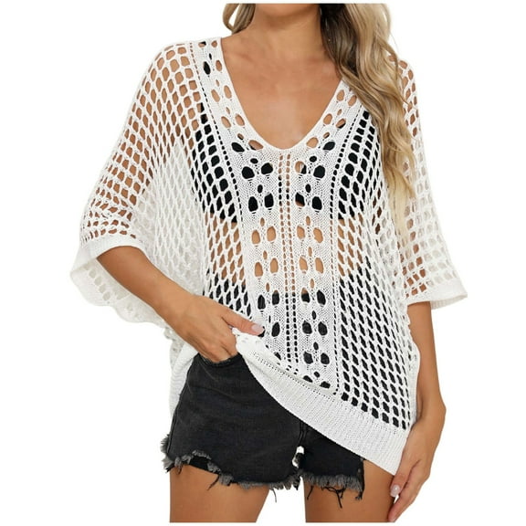 ZyeKqe Womens Crochet Tops Half Sleeve Sweaters Hollow out V Neck Knit Tops Summer Beach Cover Ups Swimming Suits