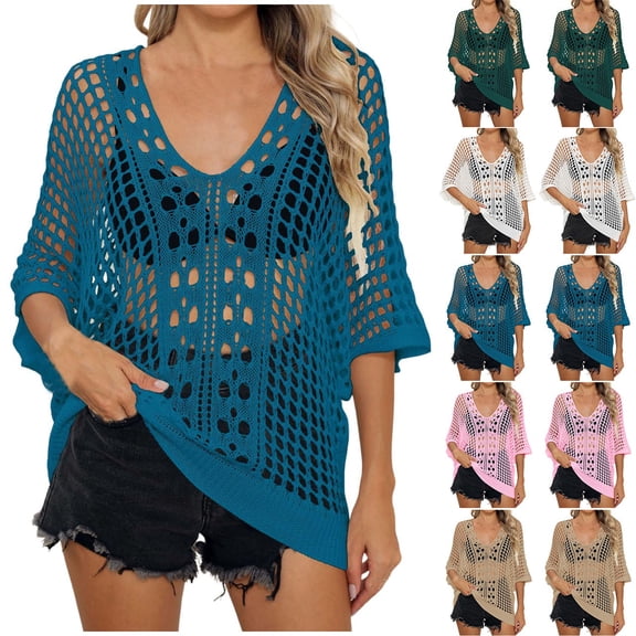 ZyeKqe Crochet Tops for Women Half Sleeve Sweaters Hollow out V Neck Knit Tops Summer Beach Cover Ups Swimming Suits