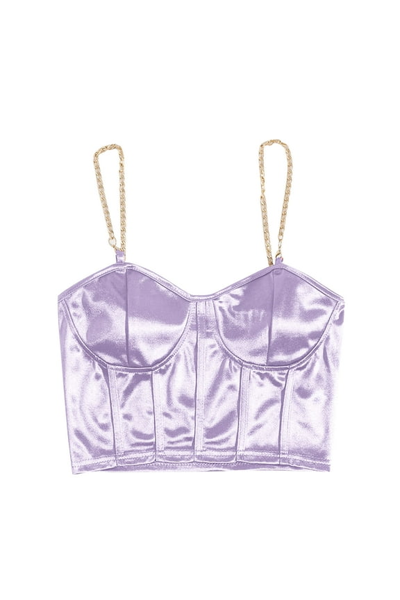 Womens Crop Tank Tops Chain Straps V Neck Satin Cami Tops Sleeveless Low Cut Party Wear Tops