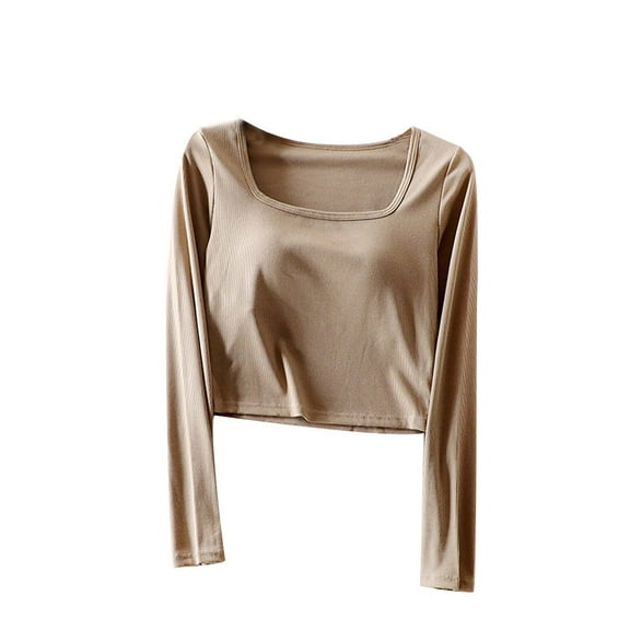 ZyeKqe Going out Tops for Women Built in Bra Long Sleeve Shirts Square Neck Crop Top Casual Comfy Loungewear