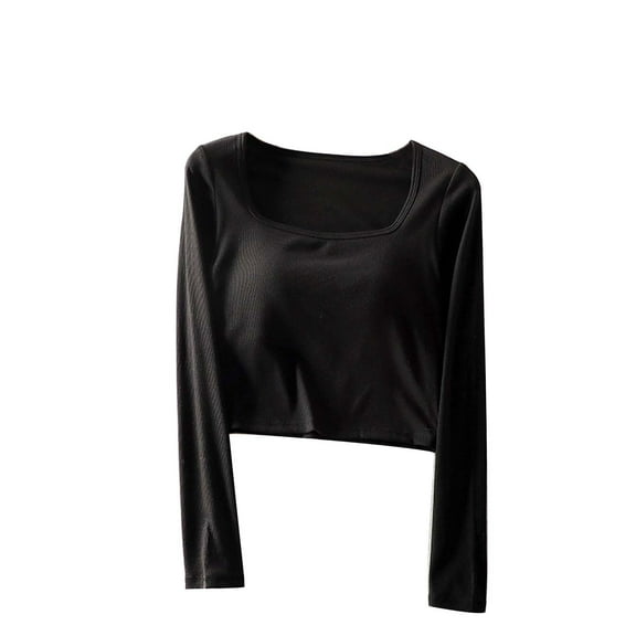 ZyeKqe Womens Crop Tops with Built in Bras Long Sleeve Square Neck Casual Summer Comfy Pajama Shirts