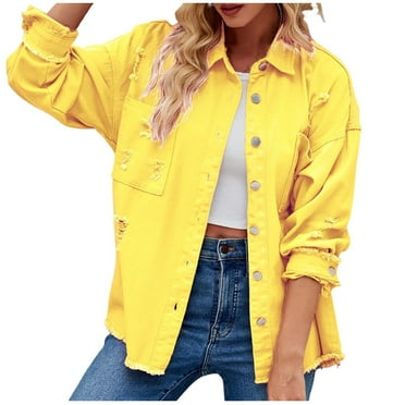 ZyeKqe Womens Denim Jackets Long Sleeve Turndown Collar Frayed Button down Jacket Solid Color Fall Tops