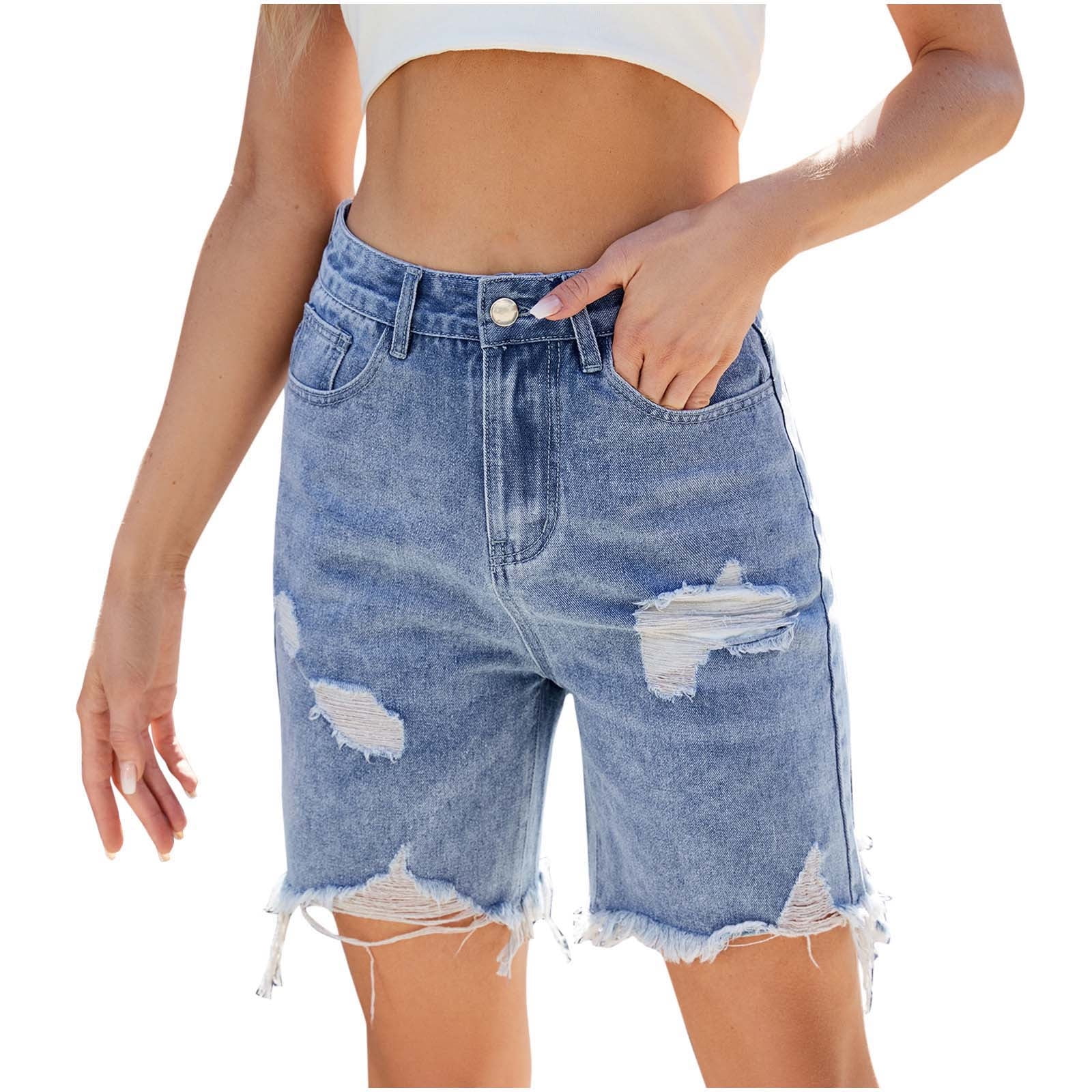 Women's Mid Rise Ripped Denim Shorts - Stretchy Jean Shorts With Folded Hem For Summer Casual Wear - View #2