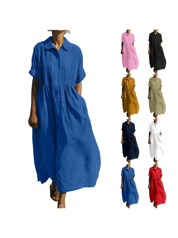 Womens Dress Casual Button down Short Sleeve Pleated Solid Casual Lightweight Flowy Maxi Dresses
