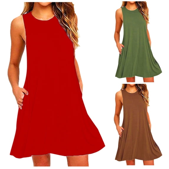 ZyeKqe Womens Dress Casual Summer Loose Fitted Tank Dresses Solid Color Sleeveless Sundress with Pockets
