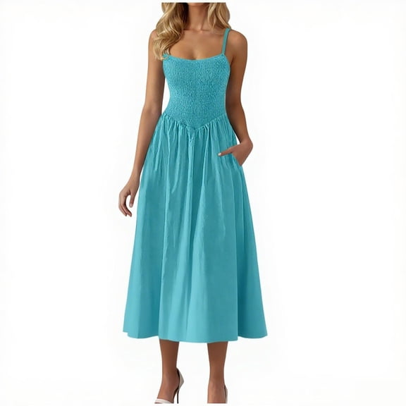 ZyeKqe Womens Dresses Casual Smocked Maxi Dresses Spaghetti Strap Swing A-Line Long Flowy Dress Summer Beach Sundress