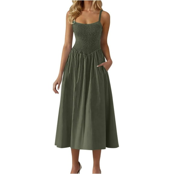 ZyeKqe Womens Dresses Casual Smocked Maxi Dresses Spaghetti Strap Swing A-Line Long Flowy Dress Summer Beach Sundress