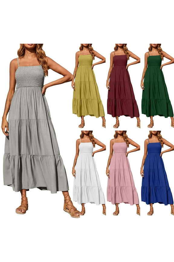 Womens Dresses Casual Summer Square Neck Boho Sleeveless Spaghetti Strap Smocked Tiered Long Beach Sundresses