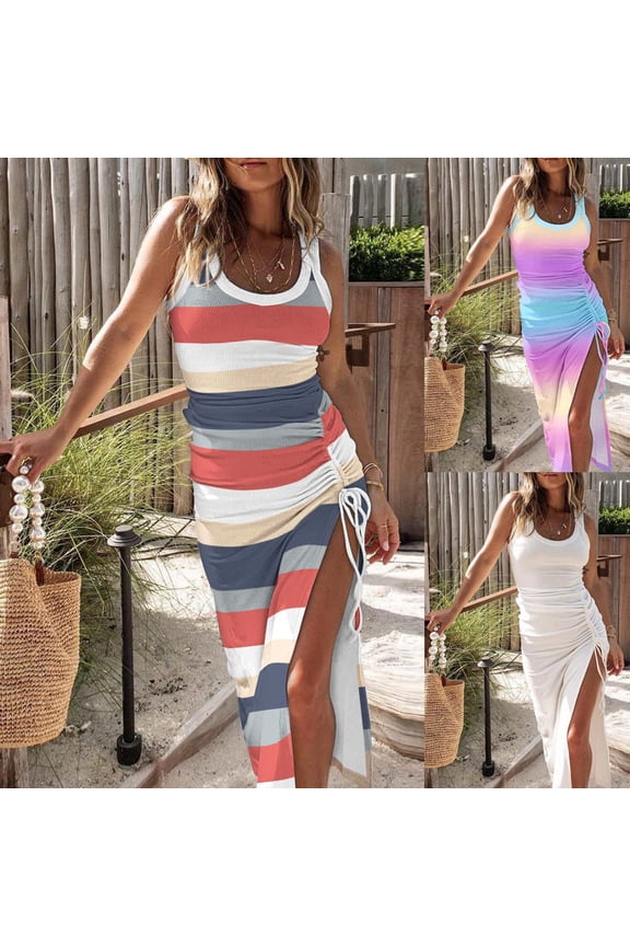 Womens Dresses Ribbed Knit Striped Sleeveless Summer Causal Split Beach Maxi Long Sundresses