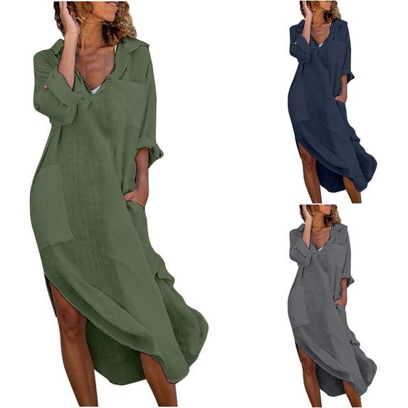 ZyeKqe Womens Dresses Summer Cotton Linen Casual Loose Lapel Button Cuffed Sleeve Side Split Maxi Dresses with Pockets