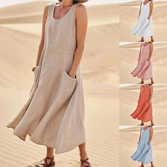 ZyeKqe Womens Dresses Summer Cotton Linen Sleeveless Elegant Flowy Dresses Plus Size Loose Comfy Dress with Pockets