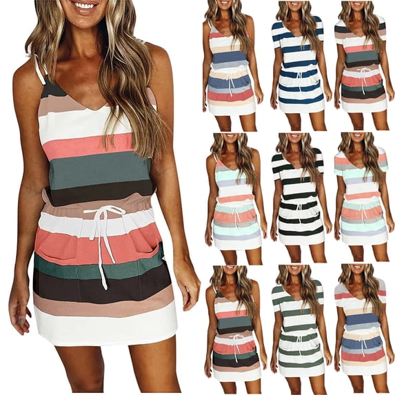 ZyeKqe Womens Dresses Summer Striped Casual V-Neck Sleeveless Lace up Waist Color Block Mini Dress with Pockets