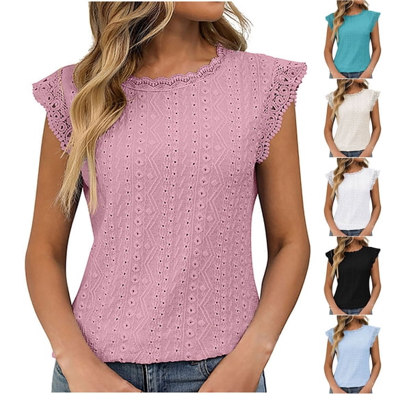ZyeKqe Womens Dressy Casual Tops Crochet Cap Sleeve Top Lace Crewneck Business Top Loose Fitted Work Office Blouses