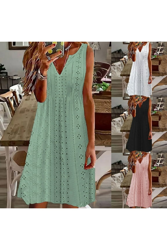Womens Eyelet Dresses Summer Casual V Neck Sundress Solid Sleeveless Knee Length Tank Tunic Dress
