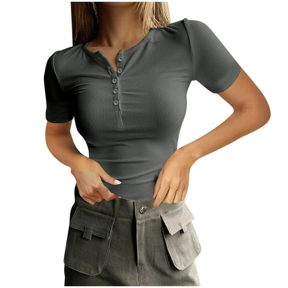ZyeKqe Womens Going out Tops Short Sleeve Shirts Button up Crewneck Tight Shirts Stretchy Slim Fitted Basic Tees