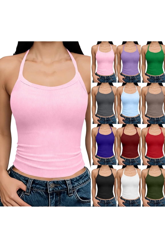 Womens Halter Camisole Tops Sleeveless Ribbed Knit Summer Casual Fashion Backless Basic Going out Tops