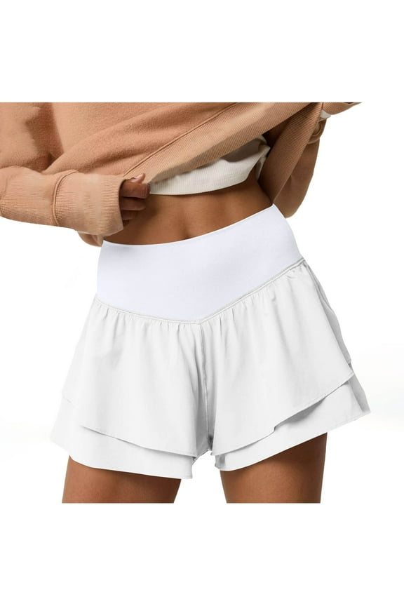 Womens High Waisted Athletic Shorts Ruffle Double Layered Running Workout Tennis Shorts with Build in Shorts