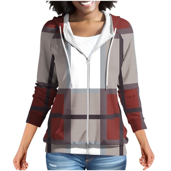 ZyeKqe Womens Hoodies Jackets Zip up Long Sleeve Sweatshirts Loose Fitted Printed Drawstring Daily Casual Hooded Blouses