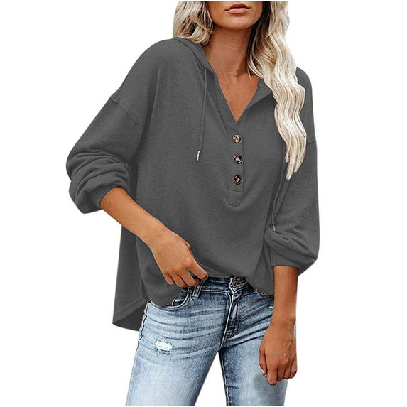 ZyeKqe Womens Hoodies Long Sleeve Shirts Button up V Neck Top Drawstring Hooded Top Lightweight Loose Fitting Top