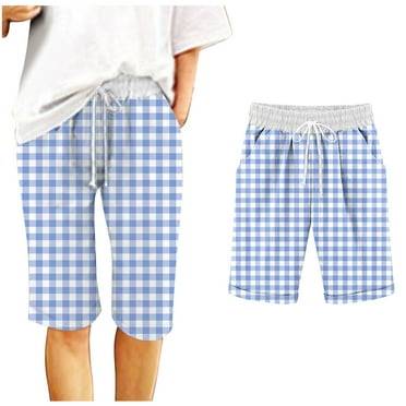 ZyeKqe Womens Knee Length Shorts Elastic Waisted Drawstring Casual Plaid Loose Summer Beach Shorts