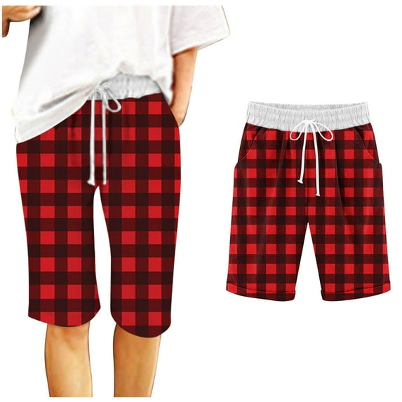 ZyeKqe Womens Knee Length Shorts Elastic Waisted Drawstring Casual Plaid Loose Summer Beach Shorts