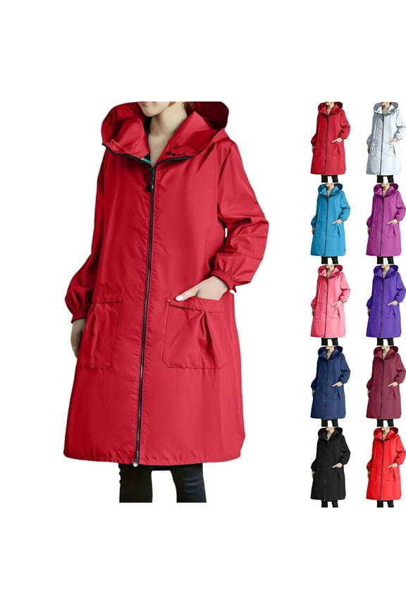 Womens Long Raincoat with Pockets Zip up Windbreaker Oversized Hooded Rain Trench Coats Lightweight Waterproof Coats
