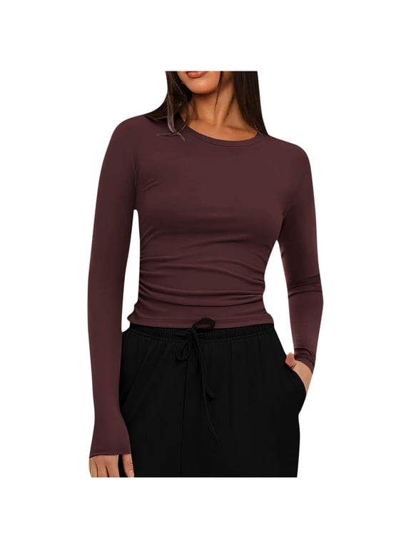 Womens Long Sleeve Shirts Crewneck Going out Tops Slim Fitted Undershirts Base Layer Stretchy Basic Tight Tees