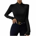 thumbnail image 1 of ZyeKqe Womens Long Sleeve Shirts High Neck Warp Front Going out Tops Ruched Cute Slim Fitted Tees Top Size S-XL, 1 of 9