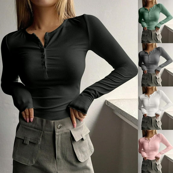 ZyeKqe Womens Long Sleeve Shirts Ribbed Knit Going out Tops Crewneck Buttons Slim Fitted Soft Basic Tees