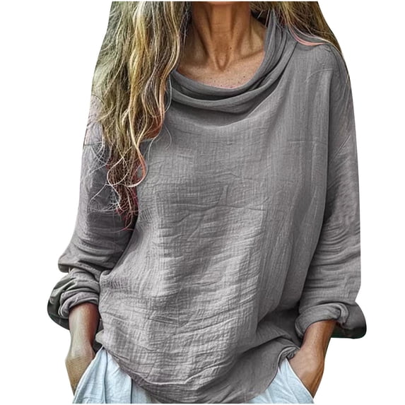 ZyeKqe Womens Long Sleeve Shirts Round Neck Top Solid Color Loose Fitted Tees Top Blouses