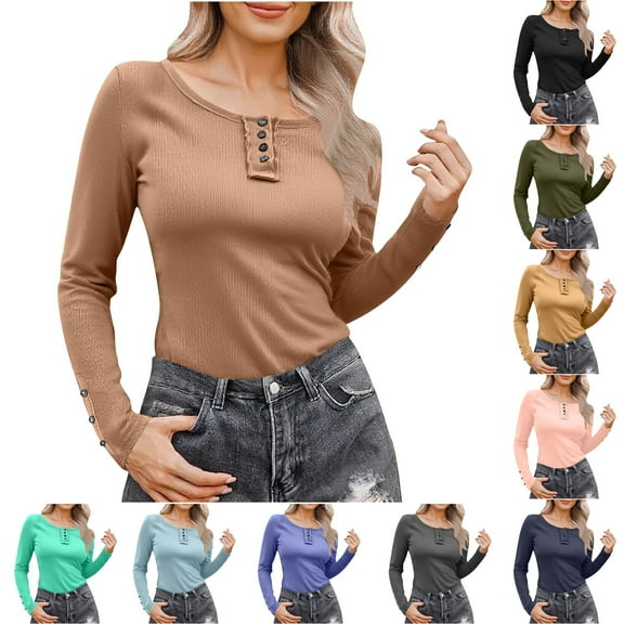 ZyeKqe Womens Long Sleeve Shirts Scoop Neck Ribbed Knit Buttons Slim Fitted Soft Goin Going out Tops Fall Winter Cute Basic Tees