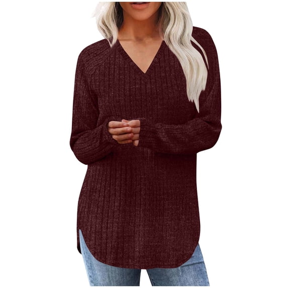 ZyeKqe Womens Long Sleeve Shirts V Neck Casual Fall Winter Tunic Tops Ribbed Knit Solid Lightweight Sweaters