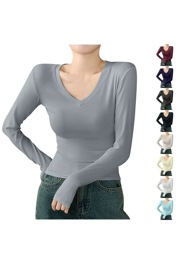 Womens Long Sleeve Shirts V Neck Stretchy Slim Fitted Tops Basic Base Layer Soft Thermal Undershirts Tee
