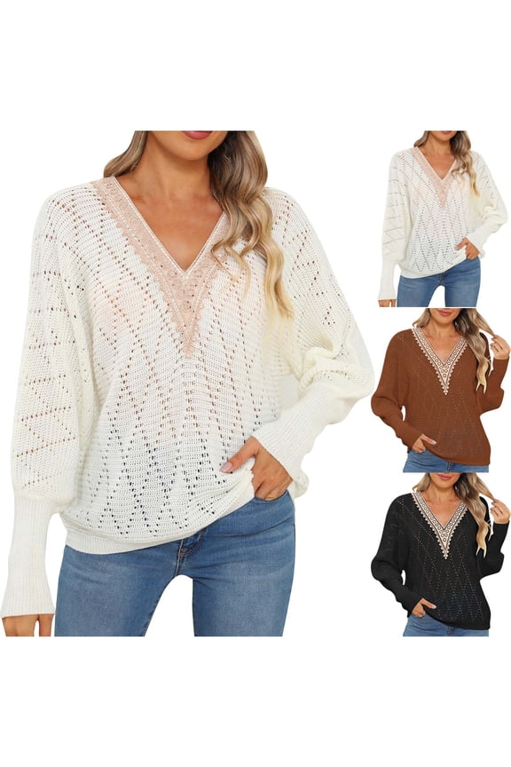 Womens Long Sleeve Sweaters Fall Trendy Lace V Neck Knit Drop Shoulder Pullover Sweater Tops