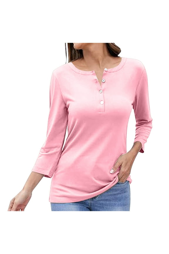 Womens Long Sleeve Tops Button down V Neck Shirts Solid Color Loose Fitting TeesFall Clothes