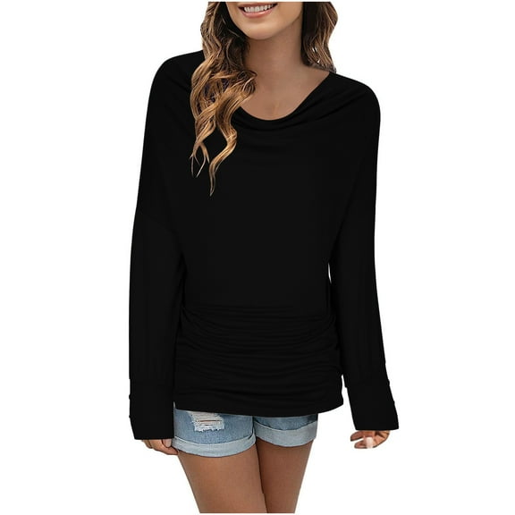 ZyeKqe Womens Long Sleeve Tops Cowl Neck Shirts Ruched Going out Tops Loose Fitted Tees Top