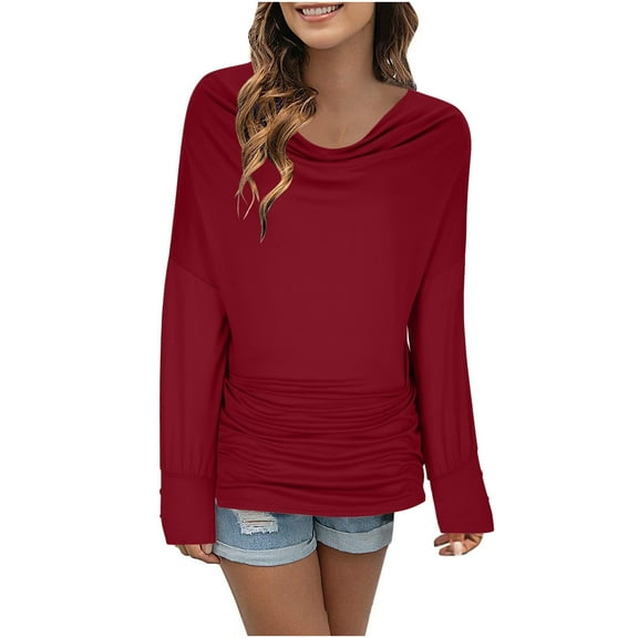 ZyeKqe Womens Long Sleeve Tops Cowl Neck Shirts Ruched Going out Tops Loose Fitted Tees Top