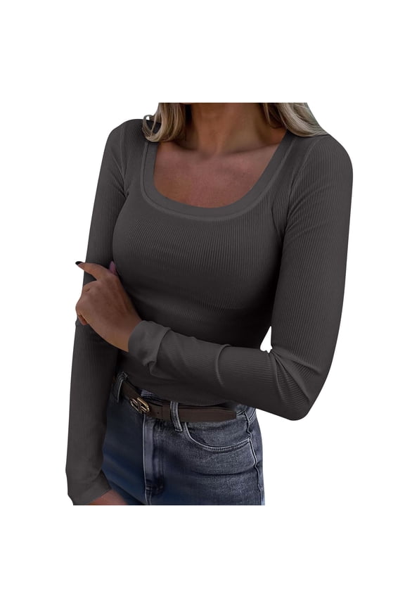 Womens Long Sleeve Tops Scoop Neck Going out Tops Slim Fitted Tops Tee Ribbed Knit Basic Shirts