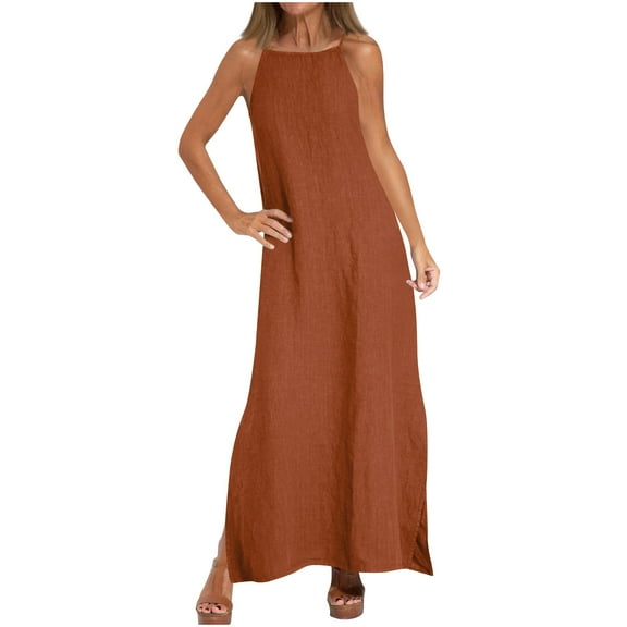 ZyeKqe Womens Maxi Dresses Cotton Linen Casual Spaghetti Strap Sleeveless Split Maxi Flowy Beach Dress with Pockets