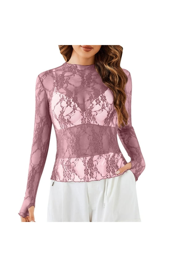 Womens Mesh Long Sleeve Tops Crew Neck See Through Tee Shirts Party Club Night Lace Blouse