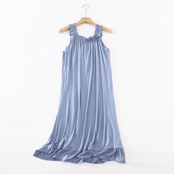 ZyeKqe Womens Nightgown Ruffled Sleeveless Square Neck Casual Lightweight Comfy Loungewear Sleep Shirts Midi Dress