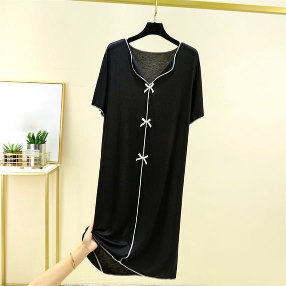 ZyeKqe Womens Nightgown Short Sleeve Bow Casual V Neck Pajamas Lightweight Loose Soft Comfy Loungewear Sleep Shirts
