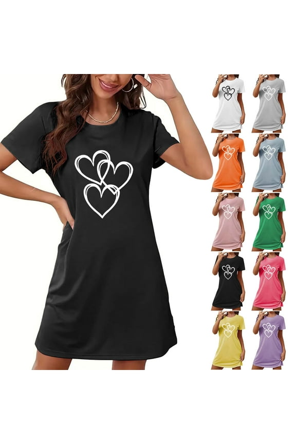 Womens Nightgowns Short Sleeve Sleepwear Soft Pajama Dress Heart Graphic Loose Fitted Nightshirts