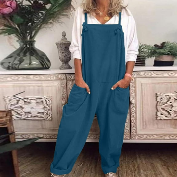 ZyeKqe Womens Plus Size Overalls Sleeveless Loose Rompers Wide Leg Jumpsuits Dressy Casual Fashion Outfits with Pockets